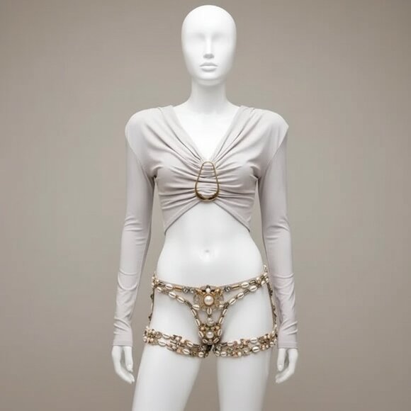 Tops - Coming Soon…Beige Slim Fit Sexy Crop Blouse With Plunging Neck